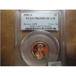 1993-S LINCOLN CENT PCGS PR69RD DCAM
