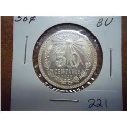 1943 MEXICO SILVER 50 CENTAVOS UNC