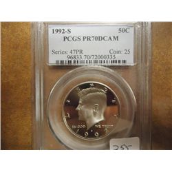 1992-S KENNEDY HALF DOLLAR PCGS PR70 DCAM