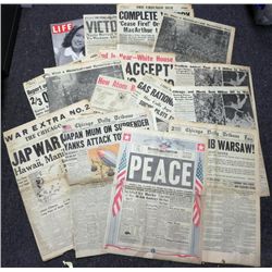 COLLECTION OF 15 WWII HEADLINE NEWSPAPERS & LOOK MAG