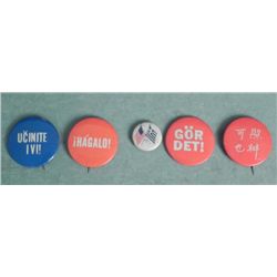 5 FOREIGN BUTTONS-1 WITH SCANDINAVIAN FLAG-ASIAN