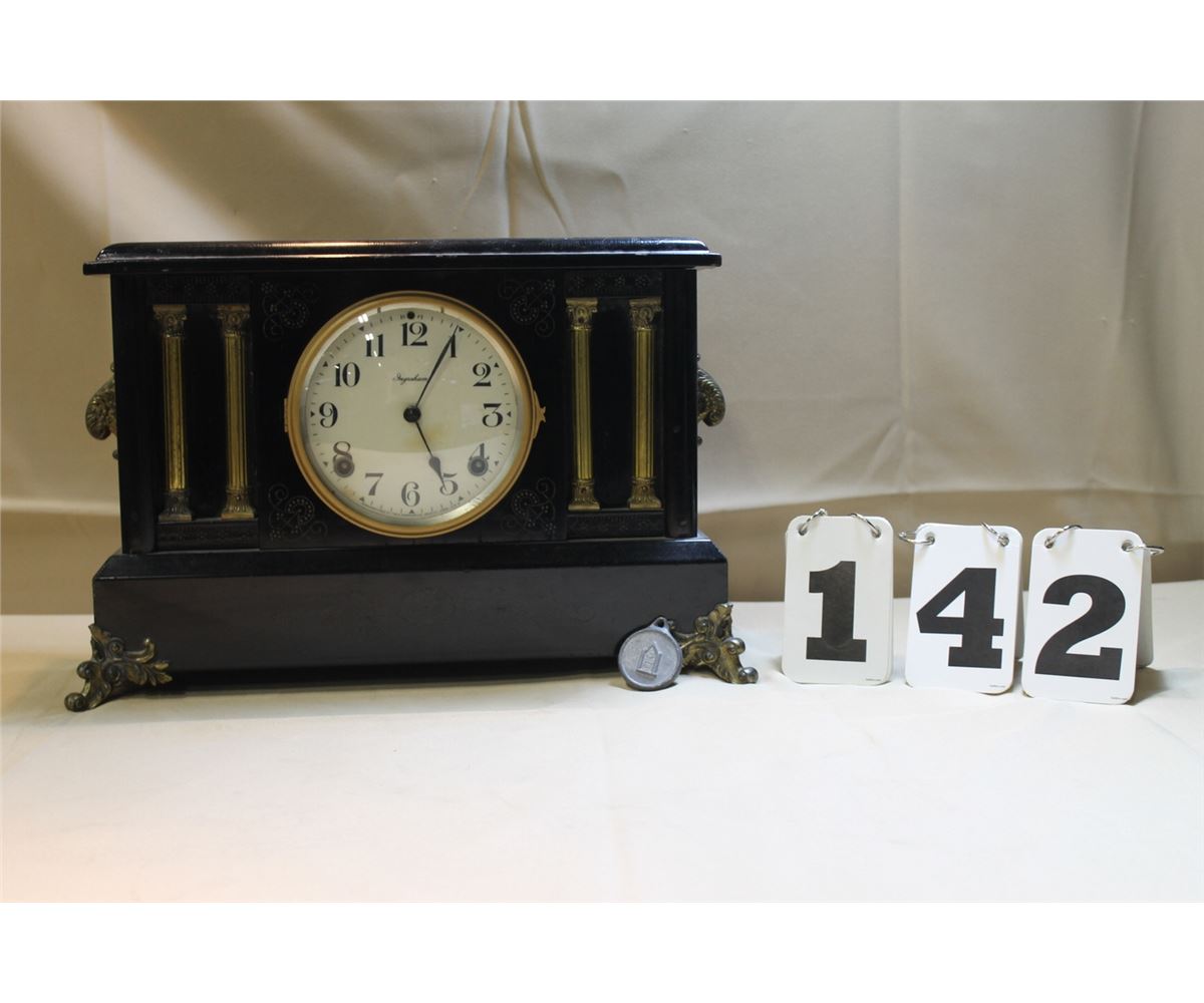 Ingraham Black Mantel Clock w/4 Columns & Brass Hardware & Feet, Bates