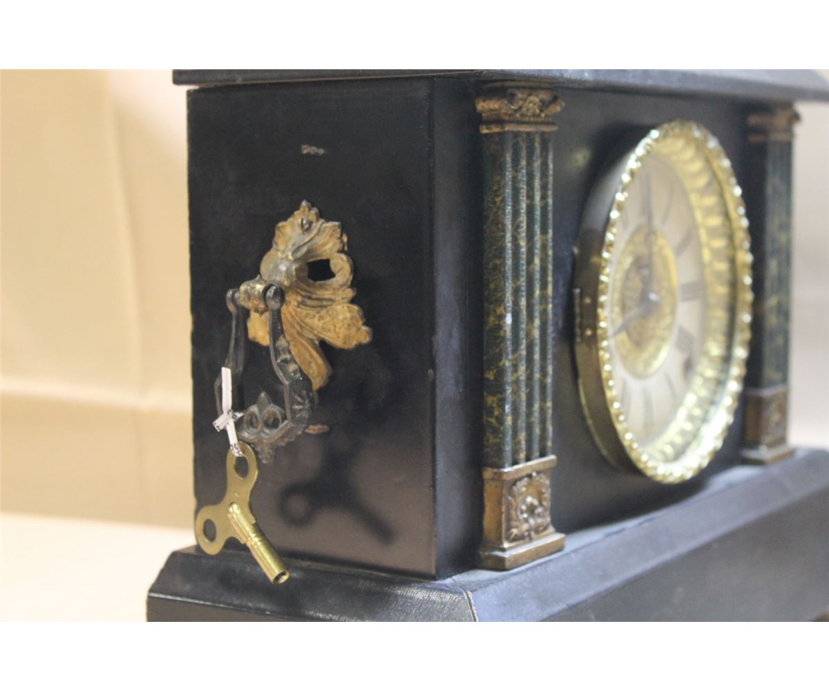 Ingraham Black Mantel 2 Column Key Wind Mantel Clock w/Brass Hardware & Feet 11" x 15 1/2"