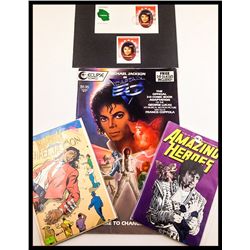 MICHAEL JACKSON ASSORTMENT OF THREE COMIC BOOKS AND TANZANIA STAMPS