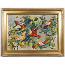 Glazed Enamel Dove Mixed Media Painting in Gold Frame