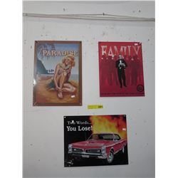 3 Tin signs "Hawaii", "The Godfather" "GT0"