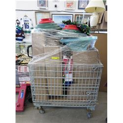 Contents of rolling cart, mostly Xmas decorations