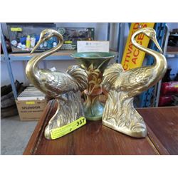 Brass flamingo bookends & Roseville vase