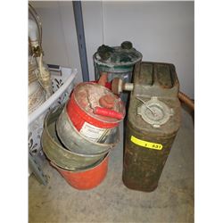 Vintage gas cans, pails, etc.