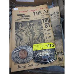 Two 1959 Alberta newspapers & 2 belt buckles