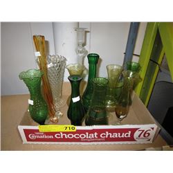 Vintage glass vases, mostly coloured