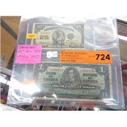 Old Canadian .25¢ & $1 banknotes