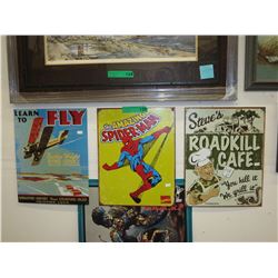 3 Tin signs - Spiderman, Roadside cafe, etc