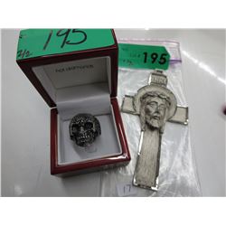 Man's stainless steel skull ring & cross pendant