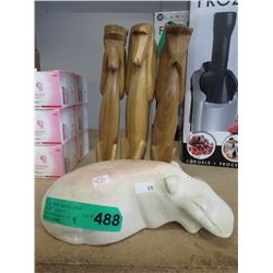 Carved stone hippo & 3 wood monkeys