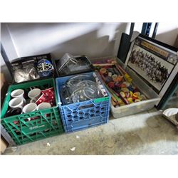 Shelf lot of Pyrex cookware, candles, coffee cups