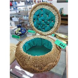 Vintage round woven straw sewing basket