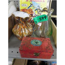 2 Art glass vases and some massage balls