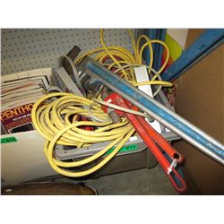 Tote of electrical cords & pipe wrenches