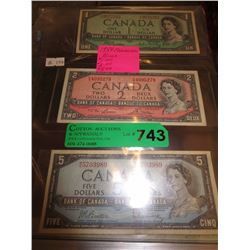 1954 Canadian bills, $1, $2 & $5