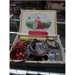 Cuban cigar box of jewelry & some silver coins