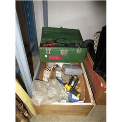 Small green metal toolbox, wood drawer & contents
