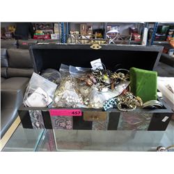 Large decorated jewelry chest and contents