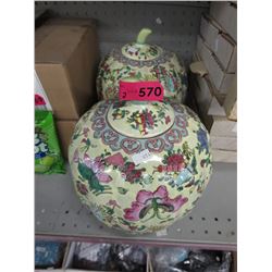 2 Lidded glazed ceramic container-Oriental motif