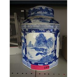 Large lidded container-blue & white Oriental motif