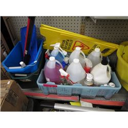 Tote of Industrial cleaning supplies