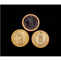 Three "Miss Justice" Antique Saloon Poker Chips