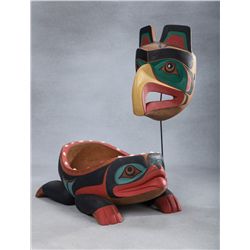 2 Chief Lelooska Carvings, Raven Mask and Frog Bowl