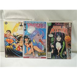 LOT 3 ASSORTED COMICS ELVIRAS, VAMPIRELLA, JLA