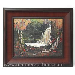Tom Thomson -1877-1917. Studio Panel on Birchwood, WOODLAND WATERFALL. Gallery Frame 18 x 21. Estima