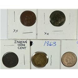 LOT OF ( 5 ) INDIAN HEAD CENTS: 1861, 1863, 1865, 1868 AND 1875