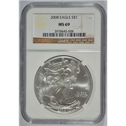 2008 AMERICAN SILVER EAGLE, NGC MS-69!