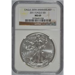 2011 25th ANNIVERSARY AMERICAN SILVER EAGLE, NGC MS-69!