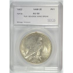 1922 PEACE DOLLAR SEGS AU-50 (VAM-2E)