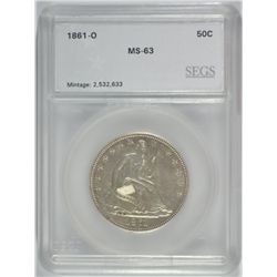 1861-O SEATED LIBERTY HALF DOLLAR SEGS MS-63