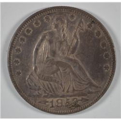 1853 ARROWS AND RAYS SEATED HALF DOLLAR, AU-58 TONED, SCARCE TYPE COIN!!!