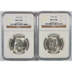 2 1949 FRANKLIN HALF DOLLARS NGC MS-62 FBL