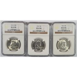 1951-D, 1954 AND 1955 FRANKLIN HALF DOLLARS, NGC MS-63 FBL