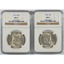1951-S AND 1955 FRANKLIN HALF DOLLARS, NGC MS-61