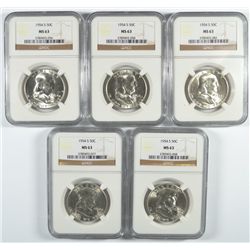LOT O ( 5 ) 1954-S FRANKLIN HALF DOLLARS, NGC MS-63