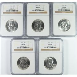 LOT OF ( 5 ) 1963 FRANKLIN HALF DOLLARS, NGC MS-64