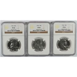 LOT OF ( 3 ) 1962 FRANKLIN HALF DOLLAR, NGC PROOF-66