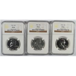 LOT OF ( 3 ) 1963 FRANKLIN HALF DOLLAR, NGC PROOF-66