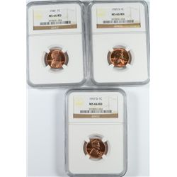 1944, 55-S AND 57-D LINCOLN CENTS, NGC MS-66 RED
