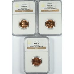 1952-D, 54-S, 55-S LINCOLN CENTS NGC MS-66 RD