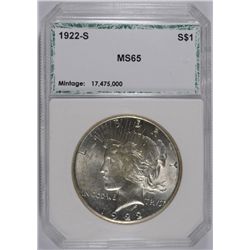 1922-S PEACE SILVER DOLLAR, PCI MS-65
